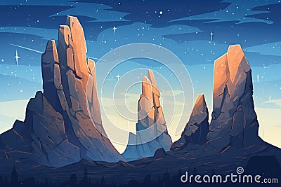 a silhouette of jagged rocky peaks under starry night sky Stock Photo