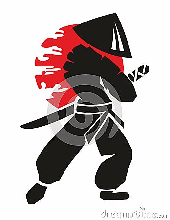 Silhouette Japanese samurai soldier on illustration on white background Vector Illustration