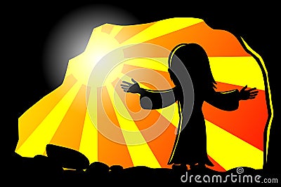 Silhouette of Jesus Christ risen coming out from sepulchre or tomb walking into the light. Life of Jesus Vector Illustration