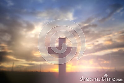 Silhouette of Jesus with Cross over sunset concept for religion, worship, Christmas, Easter, thanksgiving prayer and praise.â€¨ Stock Photo