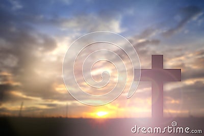 Silhouette of Jesus with Cross over sunset concept for religion, worship, Christmas, Easter, thanksgiving prayer and praise.â€¨ Stock Photo