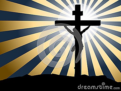 Silhouette Jesus crucifixion against rays of light background Vector Illustration