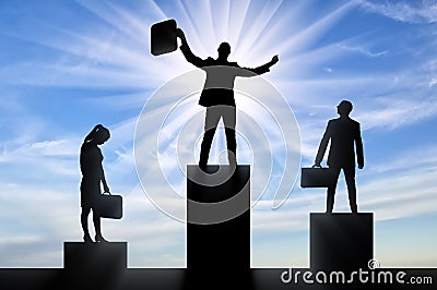 Silhouette of a jubilant man on the podium of a winner and a silhouette of a sad man and woman near Stock Photo