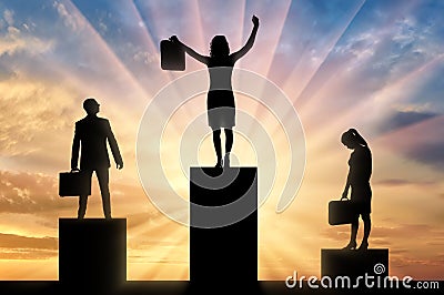 Silhouette of a jubilant woman on the podium of a winner and a silhouette of a sad man and woman near Stock Photo