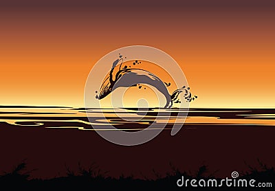 Silhouette of jumping shark, Sea background with fish Vector Illustration