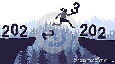 Silhouette of jumping woman over chasm between cliffs on background of forest. Transition from 2022 to 2023, new year. Vector Vector Illustration