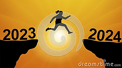 Silhouette of jumping woman over chasm between mountains. Transition from 2023 to 2024, new year. Vector illustration Vector Illustration