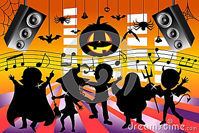 Silhouette Kids Dancing Halloween Party Vector Illustration