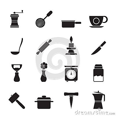 Silhouette Kitchen and household tools icons Vector Illustration