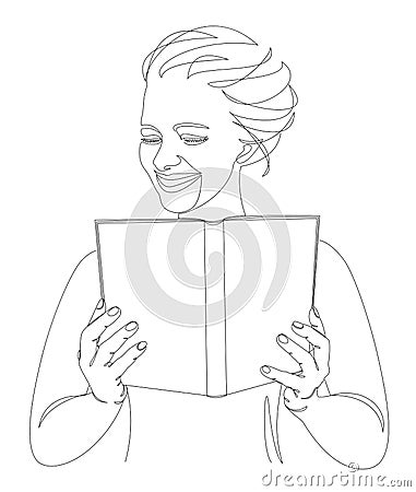 Basic RGBSilhouette of a lady. The girl reads a book in a modern one line style. Continuous drawing, home decor sketches, posters, Vector Illustration