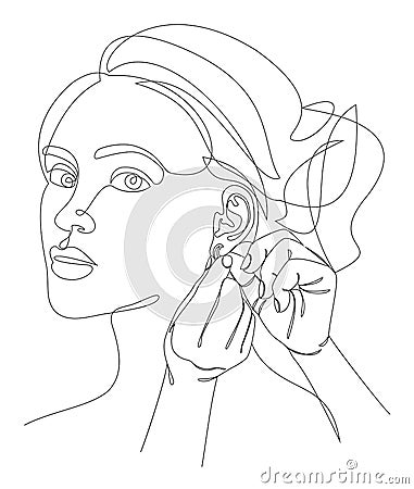 Silhouette of a lady. A woman wears an earring in a modern style with one solid line and leaves. Sketches for decor, posters, stic Cartoon Illustration