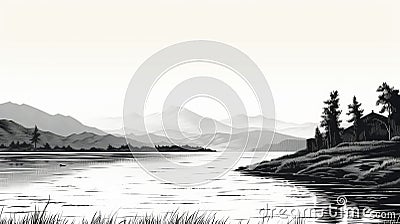 Black And White Lake Scene Illustration With Scottish Landscape Style Cartoon Illustration