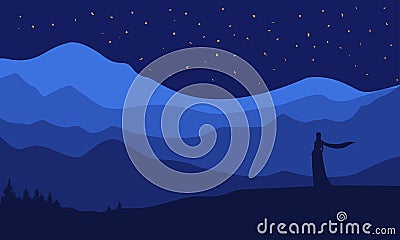 Silhouette on landscape background, beautiful view, nature panorama, night stars sky, mountains Cartoon Illustration