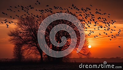 Silhouette of large animals flying at dusk generated by AI Stock Photo