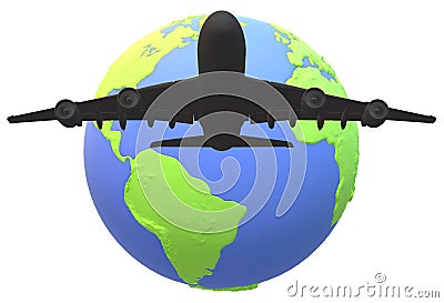 A silhouette of a large passenger jet airplane flying over a globe of the world Cartoon Illustration