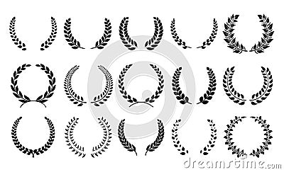 Silhouette laurel wreath. Heraldic trophy crest, Greek and Roman olive branch award, winner round emblem. Vector black Vector Illustration