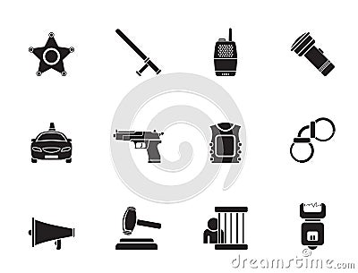 Silhouette law, order, police and crime icons Vector Illustration