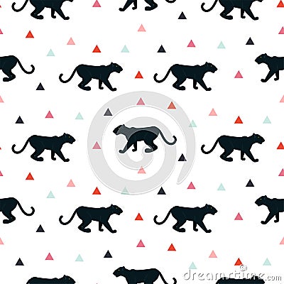 Silhouette of leopard seamless white pattern. Vector Illustration