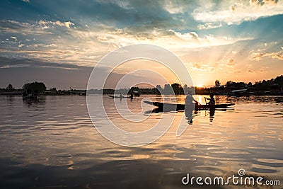 Silhouette Lifestyle Fisherman On Boat Editorial Stock Photo