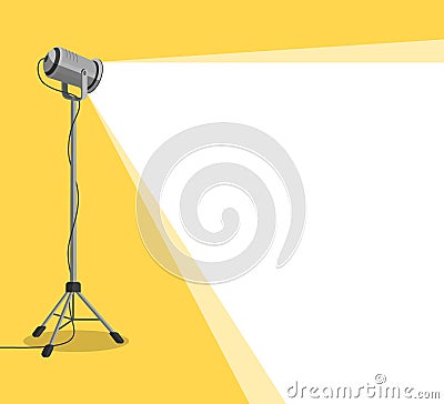 Silhouette of light lamp projector on tripod with scattered rays. Projecting a beam of spotlight is glowing on down. Cinema Vector Illustration