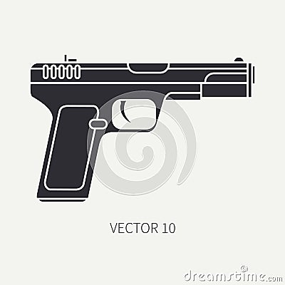 Silhouette. Line flat vector military icon handgun, pistol. Army equipment and armament. Legendary retro weapon. Cartoon Vector Illustration