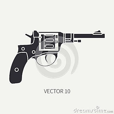 Silhouette. Line flat vector military icon revolver, pistol. Army equipment and armament. Legendary retro weapon Vector Illustration