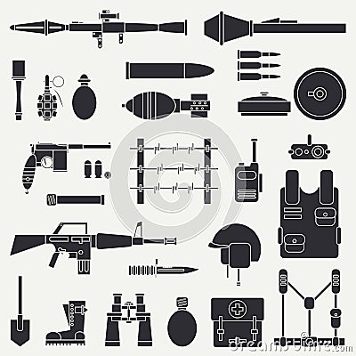 Silhouette. Line flat vector military icon set. Army equipment and weapons. Cartoon style. Assault. Soldiers. Armament Vector Illustration