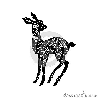 Silhouette of little baby deer, fawn with flower pattern. Hand d Cartoon Illustration