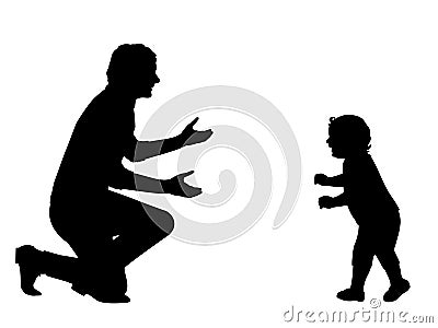 Silhouette little baby walking to meet his father Vector Illustration