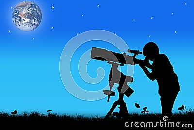 Silhouette of little boy looking through a telescope Stock Photo