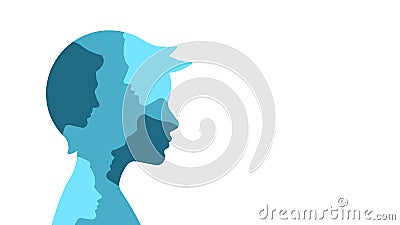 Silhouette of a little boy with the silhouettes of the adult faces Inside. The concept of family, upbringing, growing up, influenc Vector Illustration