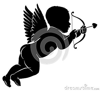 Silhouette little cupid with bow and arrow Vector Illustration