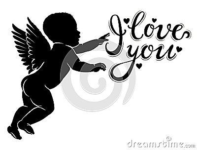Silhouette little cupid with I love you Vector Illustration