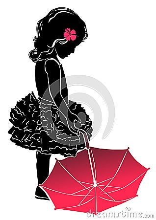 Silhouette little girl with pink umbrella Vector Illustration