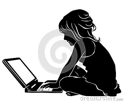Silhouette little girl working on laptop Vector Illustration