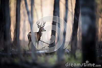 silhouette of a lone deer in a forest clearing Stock Photo