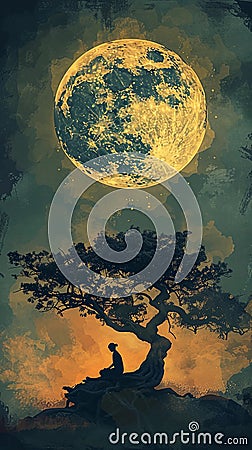 Silhouette of a Lone Monk Meditating Under a Bodhi tree, rising full moon. Vesak Day. AI Generated Stock Photo