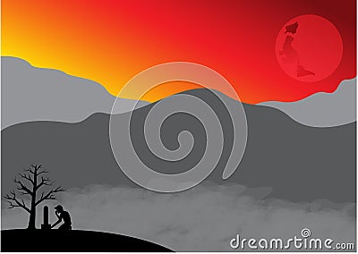 Silhouette lonely man and graveyard Vector Illustration