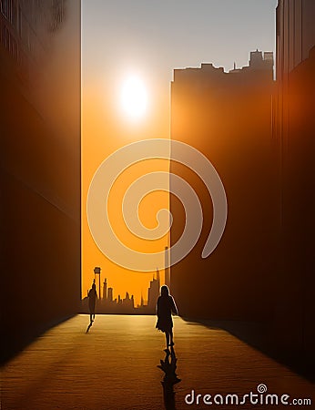 Silhouette Lonely young woman in the city. Ai generated Stock Photo