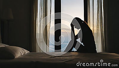 Silhouette of Lonely young woman feeling depressed and stressed Stock Photo