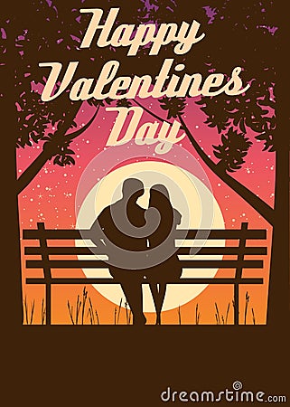 Silhouette loving couple on the bench at night. Happy Valentines Day poster Vector Illustration