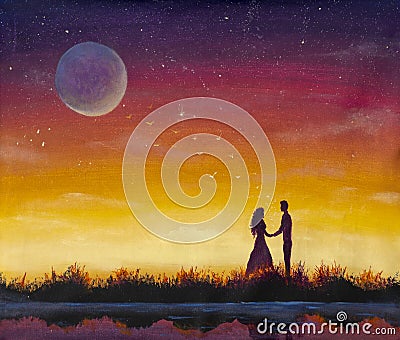 Silhouette of loving couple. Lovers at at orange sunset dawn on beautiful landscape. Cartoon Illustration