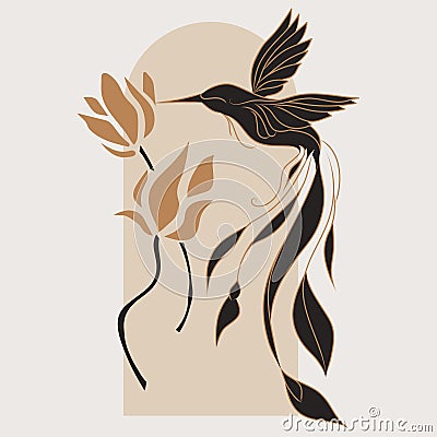 Silhouette of magical bird with flowers, vector set. Mystical abstract form in the style of Matisse. Abstract body art Cartoon Illustration