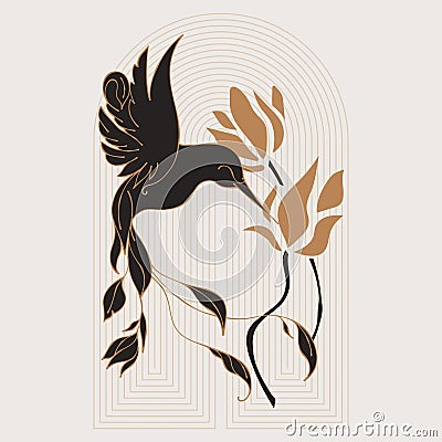 Silhouette of magical bird with flowers, vector set. Mystical abstract form in the style of Matisse. Abstract body art Vector Illustration