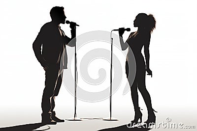 Silhouette of a male and female vocalists singing with microphones Cartoon Illustration