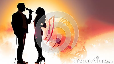 Silhouette of a male and female vocalists singing with microphones Cartoon Illustration