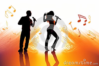 Silhouette of a male and female vocalists singing with microphones Cartoon Illustration