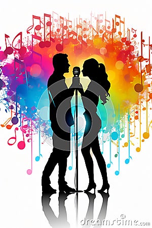 Silhouette of a male and female vocalists singing with microphones Cartoon Illustration