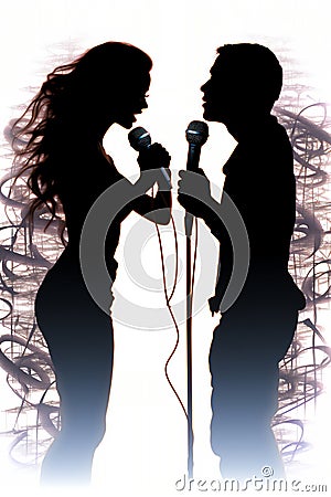 Silhouette of a male and female vocalists singing with microphones Cartoon Illustration