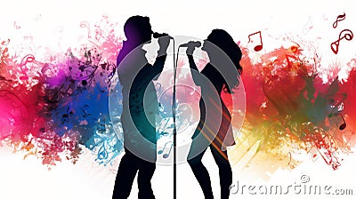 Silhouette of a male and female vocalists singing with microphones Cartoon Illustration
